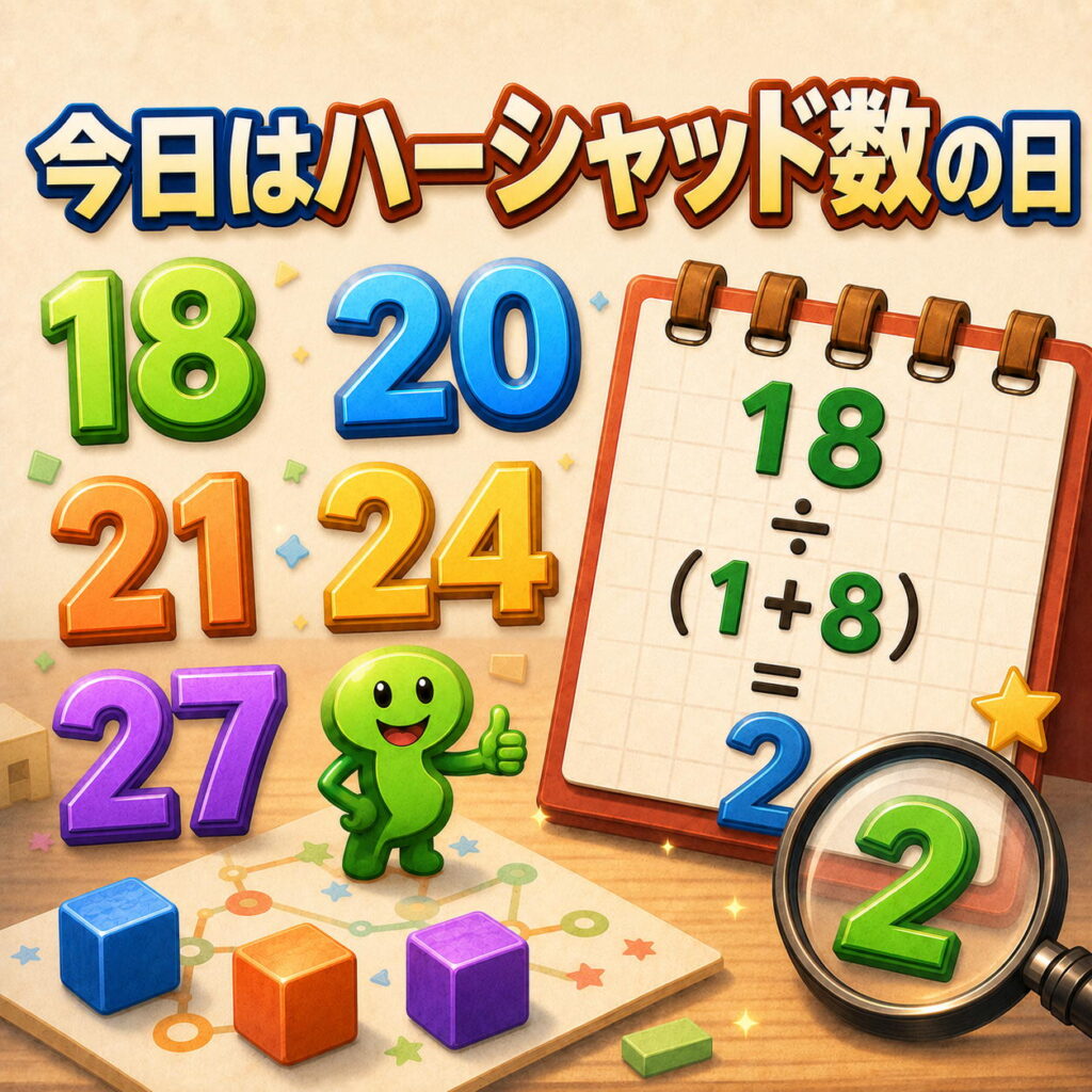 今日はハーシャッド数の日」と書かれたロゴと18,20,21,24,27のカラフルな数字とノートの計算式のイラスト