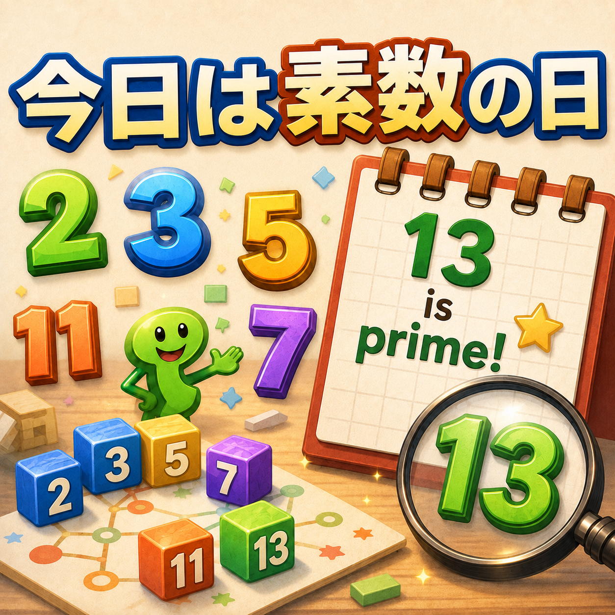 今日は素数の日"の見出しとカラフルな数字ブロック（2,3,5,7,11,13）と虫めがねで13を強調したイラスト。